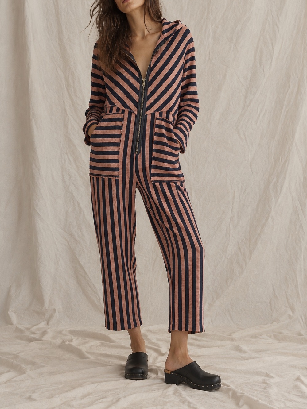 NWT free people cruel summer black and brown striped hooded jumpsuit